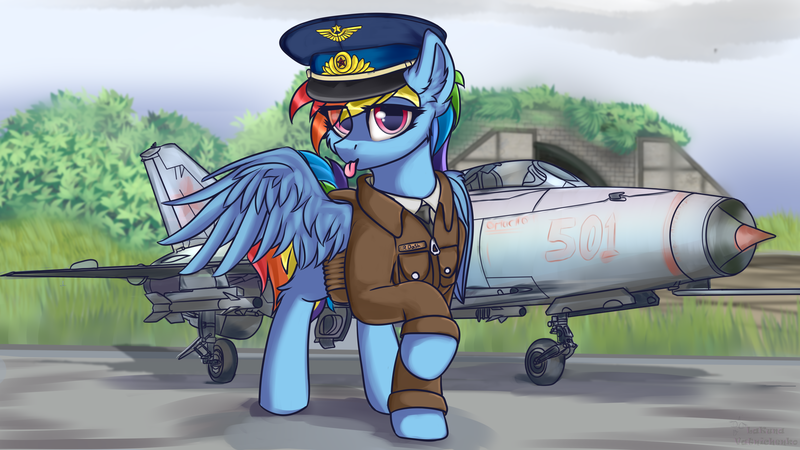 Size: 3840x2160 | Tagged: safe, artist:lakunae, derpibooru import, rainbow dash, pegasus, pony, aircraft, airfield, female, hangar, looking at you, mare, mig-21, military, military uniform, pilot, pilot dash, soviet, tongue out, wings