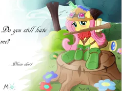 Size: 1024x768 | Tagged: safe, artist:randomflakey, derpibooru import, fluttershy, pegasus, pony, boots, clothes, crossover, female, flower, hat, league of legends, scroll, shoes, sitting, solo, teemo, tree, tree stump