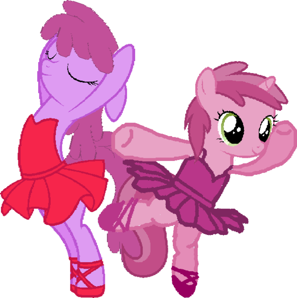 Size: 622x624 | Tagged: safe, artist:angrymetal, derpibooru import, berry punch, berryshine, ruby pinch, earth pony, pony, unicorn, arms in the air, arms out, ballerina, ballerinas, ballet, ballet slippers, berryrina, clothes, eyes closed, eyes open, female, mother and child, mother and daughter, on one leg, pas de deux, pincherina, simple background, smiling, transparent background, tutu, tutus