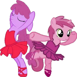 Size: 622x624 | Tagged: safe, artist:angrymetal, derpibooru import, berry punch, berryshine, ruby pinch, earth pony, pony, unicorn, arms in the air, arms out, ballerina, ballerinas, ballet, ballet slippers, berryrina, clothes, eyes closed, eyes open, female, mother and child, mother and daughter, on one leg, pas de deux, pincherina, simple background, smiling, transparent background, tutu, tutus