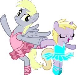 Size: 729x711 | Tagged: safe, artist:angrymetal, derpibooru import, derpy hooves, dinky hooves, pegasus, pony, unicorn, arms in the air, arms out, aunt and niece, ballerina, ballerinas, ballet, ballet dancing, ballet slippers, clothes, dancing, derperina, dinkerina, eyes closed, eyes open, female, mother and child, mother and daughter, on one leg, open mouth, pas de deux, simple background, smiling, transparent background, tutu, tutus