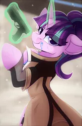 Size: 1300x2000 | Tagged: safe, artist:shadowreindeer, derpibooru import, starlight glimmer, android, pony, robot, unicorn, bleeding, blood, blue blood, clothes, cosplay, costume, detroit: become human, glowing horn, gun, handgun, horn, levitation, lip bite, looking at you, looking back, looking back at you, magic, markus, pistol, solo, telekinesis, thirium, trenchcoat, weapon