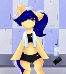 Size: 1920x2133 | Tagged: safe, artist:rinteen, derpibooru import, oc, unofficial characters only, pegasus, pony, locker room, phone, photo, sitting, solo, towel, water bottle