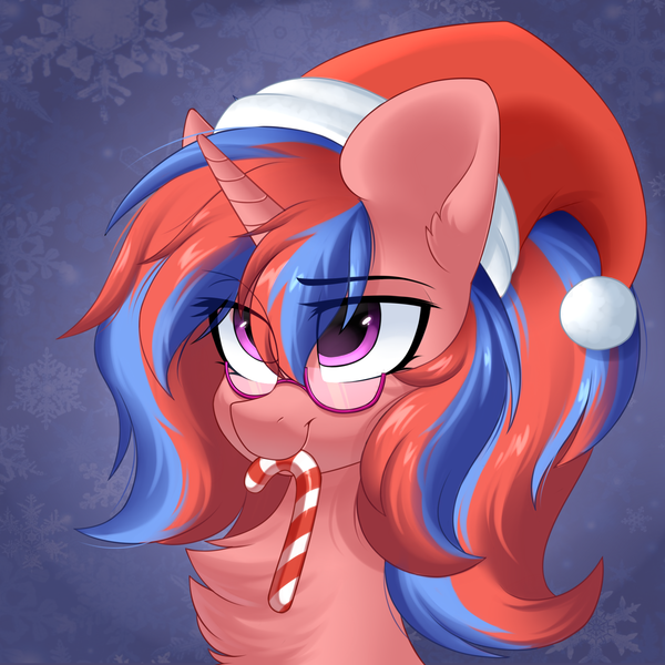 Size: 2000x2000 | Tagged: safe, artist:rinteen, derpibooru import, oc, unofficial characters only, pony, unicorn, bust, candy, candy cane, chest fluff, christmas, eye clipping through hair, food, glasses, hat, holiday, mouth hold, new year, santa hat, solo