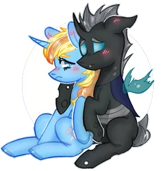 Size: 748x775 | Tagged: safe, artist:rednineuwu, derpibooru import, oc, oc:skydreams, oc:tectus ignis, unofficial characters only, changeling, pony, unicorn, blushing, blushing ears, changeling oc, comforting, female, hug, hurt/comfort, leaning back, mare, sad, skytus