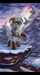 Size: 545x1024 | Tagged: safe, artist:fly-gray, derpibooru import, oc, unofficial characters only, pegasus, pony, dragonborn, helmet, skyrim, solo, the elder scrolls, winter