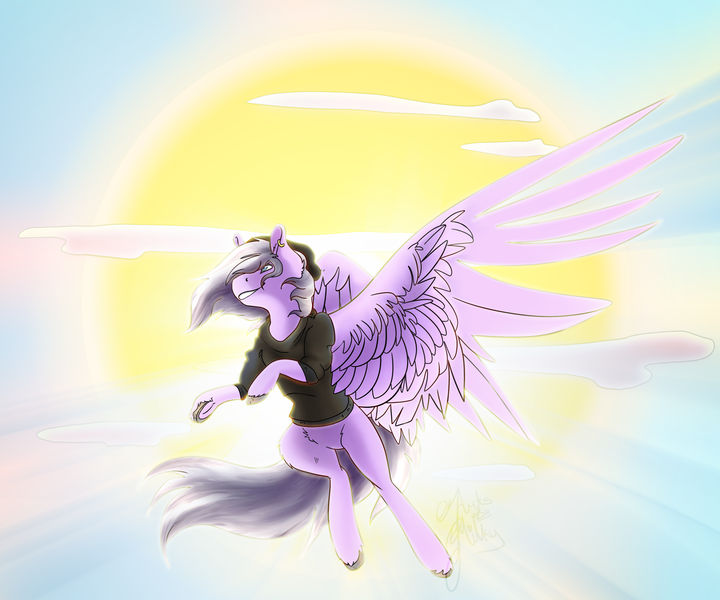 Size: 3600x3000 | Tagged: safe, artist:artsbymilky, derpibooru import, oc, oc:eventide, pegasus, pony, clothes, flying, hoodie, scenery, sky, sun, unshorn fetlocks