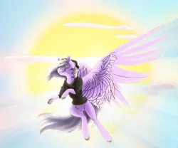 Size: 3600x3000 | Tagged: safe, artist:artsbymilky, derpibooru import, oc, oc:eventide, pegasus, pony, clothes, flying, hoodie, scenery, sky, sun, unshorn fetlocks