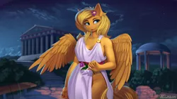 Size: 1920x1080 | Tagged: anthro, anthro oc, artist:discordthege, artist:helemaranth, beautiful, beautisexy, chest fluff, cleavage fluff, clothes, derpibooru import, female, flower, flower in hair, greek, mare, night, oc, oc:lightly breeze, outdoors, parthenon, pegasus, safe, solo, toga, unofficial characters only