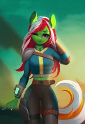 Size: 1535x2235 | Tagged: :3, adorasexy, anthro, anthro oc, armor, artist:frieder1, belt, clothes, commission, cute, derpibooru import, elbow pads, eyelashes, fallout, fallout equestria, fallout equestria: dead tree, female, green, mare, midriff, oc, oc:wandering sunrise, one eye closed, pauldron, pipbuck, safe, sexy, short shirt, stable-tec, thigh gap, unofficial characters only, vault suit, wandering sunrise, wink, ych result