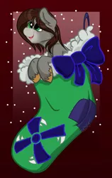 Size: 711x1124 | Tagged: safe, artist:cadetredshirt, derpibooru import, oc, oc:whirly windmills, unofficial characters only, earth pony, pony, bow, cell shaded, christmas, christmas stocking, cutie mark, ear fluff, green eyes, holiday, looking at someone, male, simple background, smiling, snow, solo, stallion, tiny, tiny ponies, unshorn fetlocks, ysh result