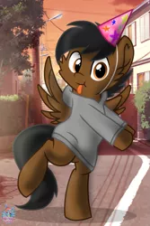 Size: 1167x1748 | Tagged: safe, artist:rainbow eevee, derpibooru import, oc, oc:dashing thunder, unofficial characters only, pegasus, pony, clothes, cute, daaaaaaaaaaaw, dancing, ear fluff, evening, hat, jacket, looking at you, male, party hat, pegasus oc, solo, standing, standing on one leg, sunset, tongue out, wings