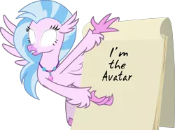 Size: 4527x3361 | Tagged: artist:frownfactory, avatar state, avatar the last airbender, classical hippogriff, derpibooru import, edit, exploitable, female, flipchart, glowing eyes, gru's plan, hippogriff, jewelry, necklace, safe, silverstream, simple background, solo, text, transparent background, uprooted, vector, vector edit, wings