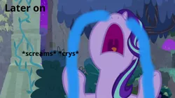 Size: 1062x595 | Tagged: safe, artist:gooeybird, derpibooru import, edit, edited screencap, screencap, starlight glimmer, alicorn, pony, comic:the love birds, student counsel, comic, crying, forest, hooves up, implied terramar, night, nose in the air, part 5, regret, ruins, screaming, solo, story included, upset