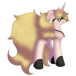 Size: 2500x2500 | Tagged: safe, artist:embroidered equations, derpibooru import, oc, oc:embroidered equations, pony, unicorn, 2020 community collab, derpibooru community collaboration, black hooves, blonde, blonde mane, cream coat, female, glasses, green eyes, jewelry, necklace, simple background, solo, transparent background