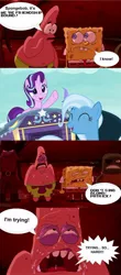 Size: 593x1347 | Tagged: safe, artist:mega-poneo, derpibooru import, edit, edited screencap, screencap, starlight glimmer, trixie, pony, starfish, unicorn, road to friendship, comic, crossover, dialogue, female, image, jpeg, mare, meme, patrick star, screencap comic, spongebob squarepants, spongebob squarepants (character), the spongebob squarepants movie, thug tug, wagon, we're friendship bound