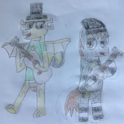 Size: 1488x1488 | Tagged: acoustic guitar, artist:myoozik, bipedal, brown eyes, cap, clothes, cutie mark, cutie mark on clothes, derpibooru import, dragon, dragon oc, glasses, guitar, happy, hat, jewelry, looking at each other, male, musical instrument, necklace, oc, oc:myoozik the dragon, oc:sunray shadow, photo, playing, playing instrument, raised leg, safe, shirt, singing, sketchbook, smiling, socks, spread wings, stallion, standing, striped socks, strumming, top hat, traditional art, unofficial characters only, wings