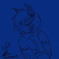 Size: 2160x2160 | Tagged: safe, artist:kozyavka, derpibooru import, oc, oc:pinkaina fly, pegasus, pony, robot, robot pony, blue background, clothes, cyberpunk, roboticization, simple background, sketch, solo, wip