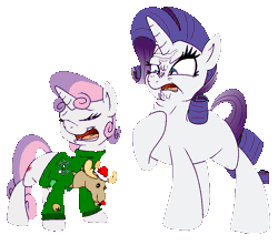 Size: 945x835 | Tagged: safe, artist:bennimarru, derpibooru import, rarity, sweetie belle, deer, pony, reindeer, unicorn, animated, bell, christmas, christmas lights, christmas sweater, clothes, colored, disgusted, flat colors, gif, holiday, simple background, sweater, transparent background, ugly sweater