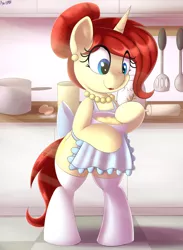 Size: 2790x3809 | Tagged: safe, artist:an-tonio, derpibooru import, oc, oc:golden brooch, pony, unicorn, apron, baking, bipedal, bipedal leaning, clothes, cute, female, housewife, jewelry, kitchen, leaning, lipstick, mare, mother, necklace, smiling, socks, solo