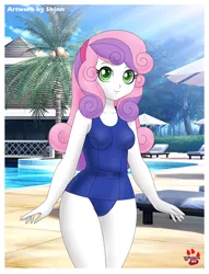 Size: 1083x1416 | Tagged: safe, artist:shinn3, derpibooru import, sweetie belle, equestria girls, clothes, cute, diasweetes, female, older, older sweetie belle, one-piece swimsuit, resort, solo, swimsuit