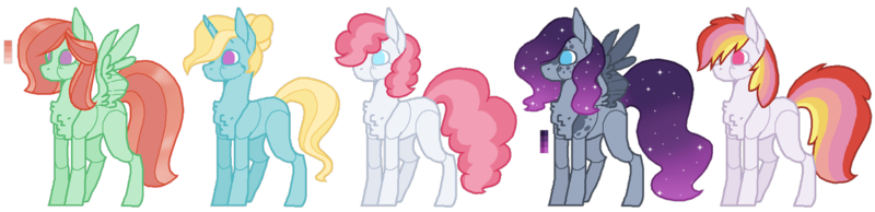 Size: 1280x310 | Tagged: safe, artist:superponymon, derpibooru import, earth pony, pegasus, pony, unicorn, base used, chest fluff, ethereal mane, magical lesbian spawn, no mouth, no pupils, offspring, parent:big macintosh, parent:pinkie pie, parent:prince blueblood, parent:princess luna, parent:rainbow dash, parent:tree hugger, parent:trixie, parent:zephyr breeze, parents:bluepie, parents:lunapie, parents:rainbowmac, parents:trixbreeze, parents:zephyrhugger, simple background, starry mane, transparent background