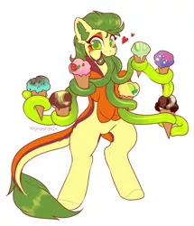 Size: 3296x3824 | Tagged: safe, artist:helemaranth, derpibooru import, oc, oc:non toxic, unofficial characters only, monster pony, original species, tatzlpony, bipedal, floating heart, food, heart, ice cream, ice cream cone, looking at you, open mouth, rule 63, simple background, solo, tentacle tongue, tentacles, tongue out, white background