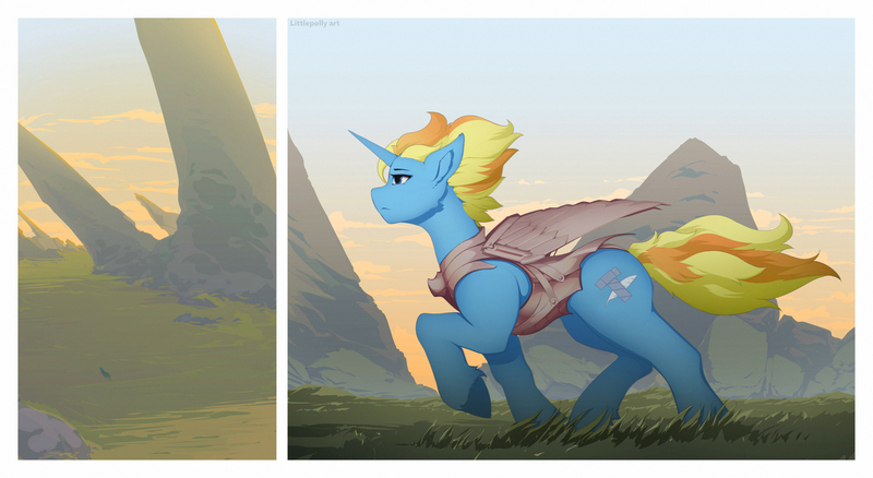 Size: 4089x2237 | Tagged: safe, artist:littlepolly, derpibooru import, oc, oc:skydreams, unofficial characters only, pony, unicorn, armor, artificial wings, augmented, female, mare, mechanical wing, mountain, mountain range, running, scenery, scenery porn, serious, serious face, sunset, wings