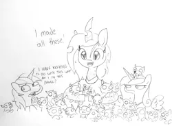 Size: 1832x1345 | Tagged: safe, artist:tjpones, derpibooru import, princess cadance, queen chrysalis, shining armor, alicorn, changeling, changeling queen, pony, semi-anthro, unicorn, breaking the fourth wall, bugmom, cadance is not amused, clothes, dialogue, female, guilty, i made this, implied infidelity, implied shining chrysalis, implied shipping, implied straight, male, mare, mommy chrissy, stallion, traditional art, unamused