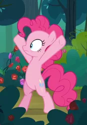 Size: 468x668 | Tagged: safe, derpibooru import, screencap, pinkie pie, earth pony, pony, the mean 6, bipedal, cropped, female, hooves in air, mare, solo, underhoof, x pose