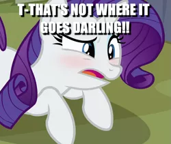 Size: 749x631 | Tagged: suggestive, derpibooru import, edit, edited screencap, screencap, rarity, pony, unicorn, fake it 'til you make it, blushing, caption, cropped, darling, female, image macro, implied anal, implied sex, implied twilight sparkle, innuendo, mare, prone, solo, text, wrong hole