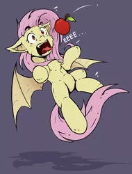 Size: 800x1050 | Tagged: safe, artist:lostdreamm, derpibooru import, fluttershy, bat pony, apple, bat ponified, catching, eeee, flutterbat, food, open mouth, race swap, red eyes, solo