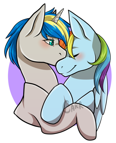 Size: 1556x1915 | Tagged: safe, artist:carrscrap, derpibooru import, rainbow dash, oc, oc:dopami korpela, pegasus, pony, unicorn, canon x oc, cuddling, dopadash, eyes closed, female, kissing, male, mare, shipping, simple background, stallion, straight, transparent background