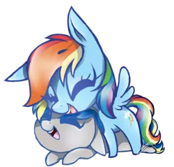 Size: 676x647 | Tagged: safe, artist:kaywhitt, derpibooru import, rainbow dash, oc, oc:dopami korpela, pegasus, unicorn, canon x oc, chibi, dopadash, eyes closed, female, laughing, male, mare, prone, shipping, simple background, stallion, straight, transparent background