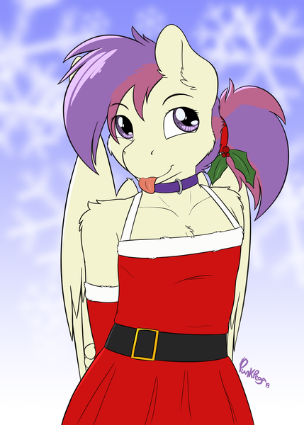 Size: 2000x2800 | Tagged: safe, artist:punk-pegasus, derpibooru import, oc, oc:evensong, unofficial characters only, anthro, pegasus, anthro oc, belt, christmas, clothes, collar, costume, female, holiday, holly, mare, ponytail, santa costume, solo, tongue out