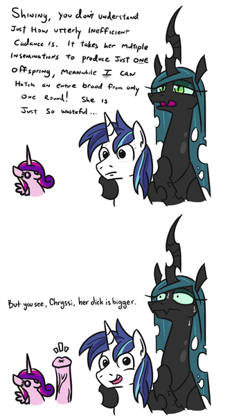 Size: 792x1464 | Tagged: explicit, artist:dsp2003, artist:jargon scott, derpibooru import, edit, princess cadance, queen chrysalis, shining armor, alicorn, changeling, changeling queen, unicorn, big penis, comic, fangs, female, futa, futa princess cadance, huge penis, image, implied infidelity, implied shining chrysalis, implied shipping, implied straight, intersex, no way fag, png, size matters, slit eyes, sweat, uncomfortable