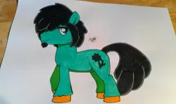 Size: 1200x716 | Tagged: safe, artist:lucas_gaxiola, derpibooru import, oc, unofficial characters only, earth pony, pony, earth pony oc, hair over one eye, irl, photo, signature, smiling, solo, traditional art, unshorn fetlocks