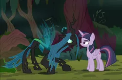 Size: 1334x871 | Tagged: changeling, cropped, crouching, derpibooru import, duo, looking at each other, mean twilight sparkle, queen chrysalis, safe, screencap, staring contest, the mean 6