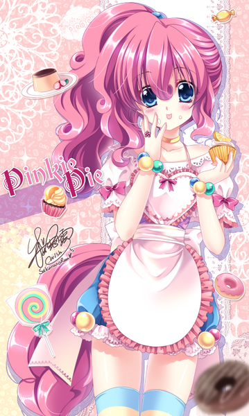 Size: 496x828 | Tagged: safe, artist:sakuranoruu, derpibooru import, pinkie pie, human, :p, alternate hairstyle, anime, apron, blushing, candy, clothes, cupcake, cute, dessert, diapinkes, donut, dress, female, food, humanized, lollipop, looking at you, ponytail, socks, solo, striped socks, tailed humanization, thigh highs, tongue out