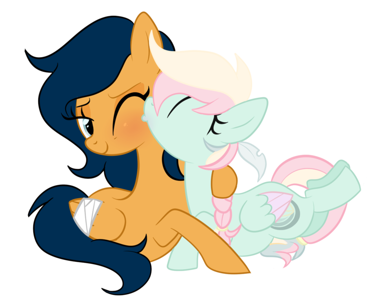 Size: 1398x1078 | Tagged: safe, artist:peachesandcreamated, derpibooru import, oc, oc:farway, oc:river rose, unofficial characters only, pegasus, pony, bandage, female, kissing, lesbian, oc x oc, pegasus oc, prone, shipping, simple background, transparent background, wings