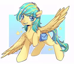 Size: 857x750 | Tagged: safe, artist:xuanmaru, derpibooru import, oc, oc:lemonade candy, pegasus, pony, bag, raised hoof, saddle bag