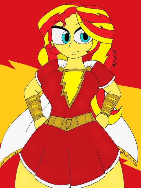 Size: 1932x2576 | Tagged: safe, artist:c_w, derpibooru import, sunset shimmer, equestria girls, belt, cape, clothes, dress, looking at you, miniskirt, shazam, skirt, smiling, superhero, thunderbolt