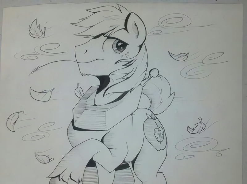 Size: 960x716 | Tagged: safe, artist:lucas_gaxiola, derpibooru import, big macintosh, earth pony, pony, bust, freckles, irl, leaves, lineart, male, monochrome, photo, raised hoof, solo, stallion, straw in mouth, traditional art, unshorn fetlocks, windswept mane, yoke