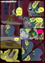 Size: 985x1385 | Tagged: safe, artist:didun850, derpibooru import, princess celestia, oc, oc:chase, alicorn, earth pony, pony, comic:ask chase the pony, ..., ask, comic, crying, dialogue, female, glowing horn, hair over one eye, horn, jewelry, magic, male, mare, possessed, sitting, stallion, telekinesis, throne, tiara, tumblr, wide eyes