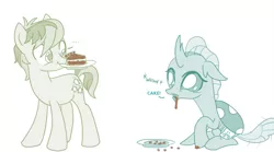 Size: 758x422 | Tagged: safe, artist:sintakhra, color edit, derpibooru import, edit, ocellus, sandbar, changedling, changeling, pony, cake, chocolate cake, chocolate drool, colored, cute, diaocelles, dish, drool, food, hungry, mouth hold, original source in description, post-it, sandabetes, tail wag, whining