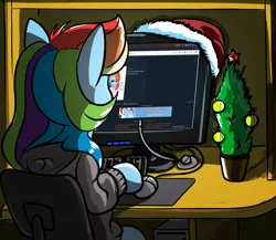 Size: 2300x2000 | Tagged: safe, artist:dacaoo, derpibooru import, rainbow dash, pony, 2ch, christmas, christmas tree, computer, computer mouse, hat, holiday, new year, santa hat, tree