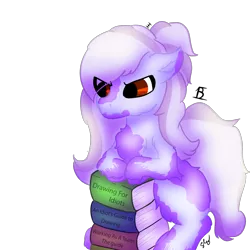 Size: 894x894 | Tagged: safe, artist:embroidered equations, artist:littlepony115, artist:poniesmine, derpibooru import, oc, oc:aggie, unofficial characters only, earth pony, pony, annoyed, book, cute, ear down, female, fluffy, hair bun, leaning forward, mane, mare, red eyes, shading, solo, splotches, squatting, tail