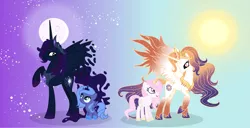 Size: 3945x2012 | Tagged: safe, artist:velveagicsentryyt, derpibooru import, princess celestia, princess luna, oc, oc:king cosmos, oc:queen galaxia, alicorn, pony, 's parents, alicorn oc, celestia and luna's father, celestia and luna's mother, cewestia, family, father and child, father and daughter, female, filly, horn, male, mare, moon, mother and child, mother and daughter, previous generation, stallion, sun, wings, woona, younger
