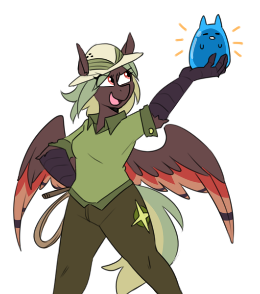 Size: 773x873 | Tagged: anthro, artist:redxbacon, clothes, costume, derpibooru import, female, gummy bear, hat, hippogriff, oc, oc:terracotta, pith helmet, safe, solo, talons