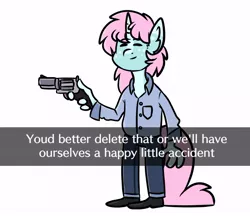 Size: 602x521 | Tagged: anthro, artist:spoopygander, bob ross, delet this, derpibooru import, gun, handgun, hillary clinton, meme, oc, oc:scoops, plantigrade anthro, revolver, safe, solo, text, unofficial characters only, weapon